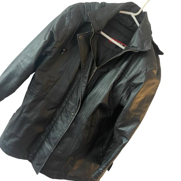 Phase 2 Leather Parka Jacket Black L Hooded Vintage Style Coat - Picture 1 of 5